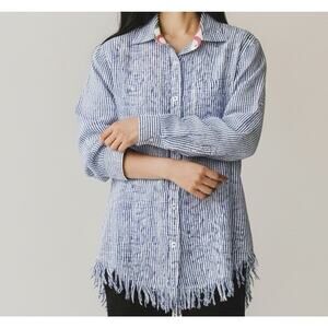 Tizzie Sun Valley Fringe Hem Button Up Tunic Shirt XS Blue Stripe Cotton Coastal